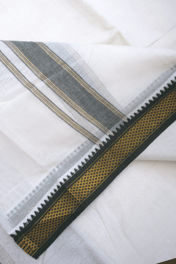 Contrast Zari Border Egg White Dhoti With Angavastram Set