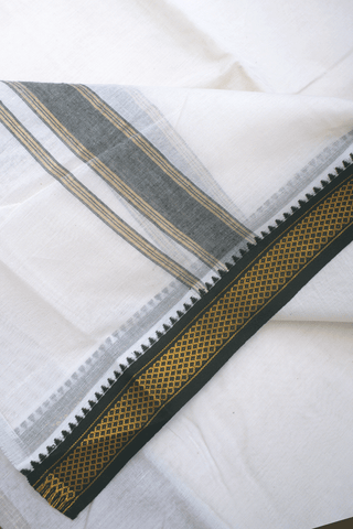Contrast Zari Border Egg White Dhoti With Angavastram Set