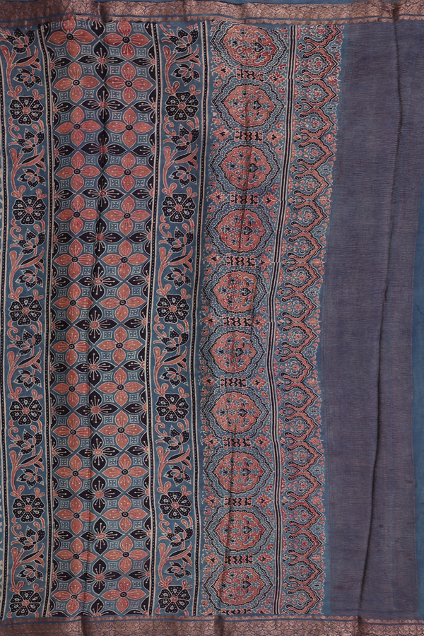 Crepe Saree In Aegean Blue With Floral Design
