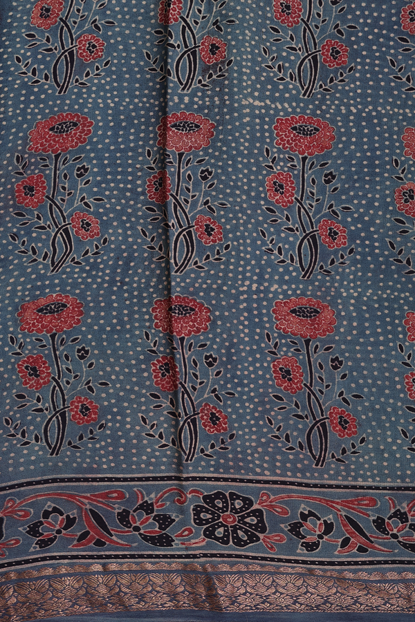 Crepe Saree In Aegean Blue With Floral Design