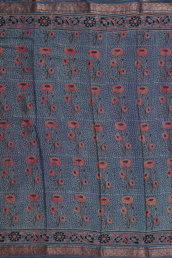 Crepe Saree In Aegean Blue With Floral Design