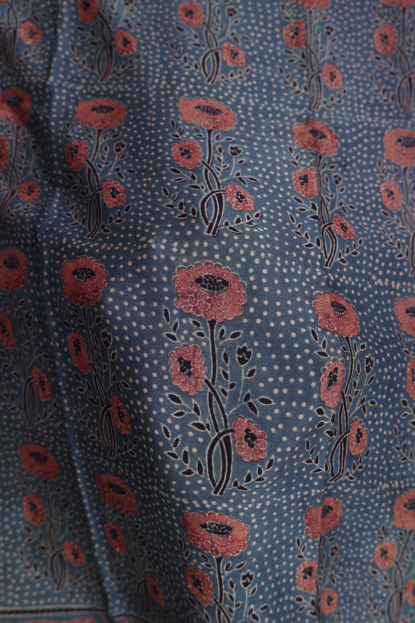 Crepe Saree In Aegean Blue With Floral Design