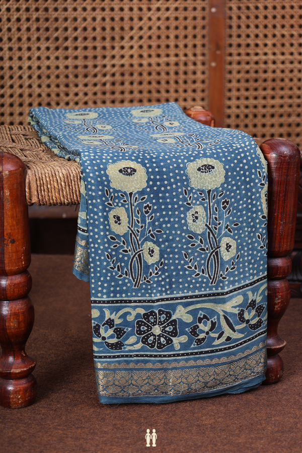 Crepe Saree In Aegean Blue With Floral Printed Design