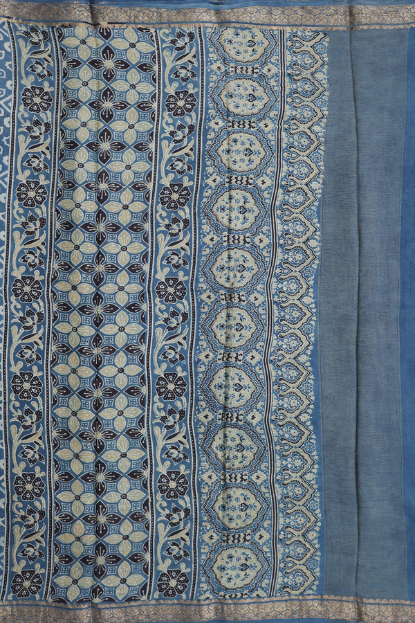 Crepe Saree In Aegean Blue With Floral Printed Design