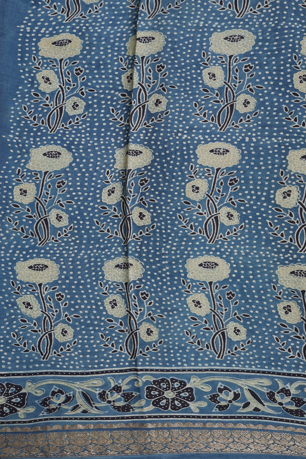 Crepe Saree In Aegean Blue With Floral Printed Design