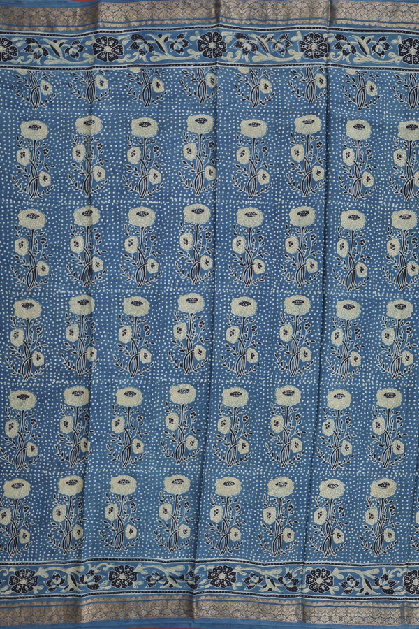 Crepe Saree In Aegean Blue With Floral Printed Design