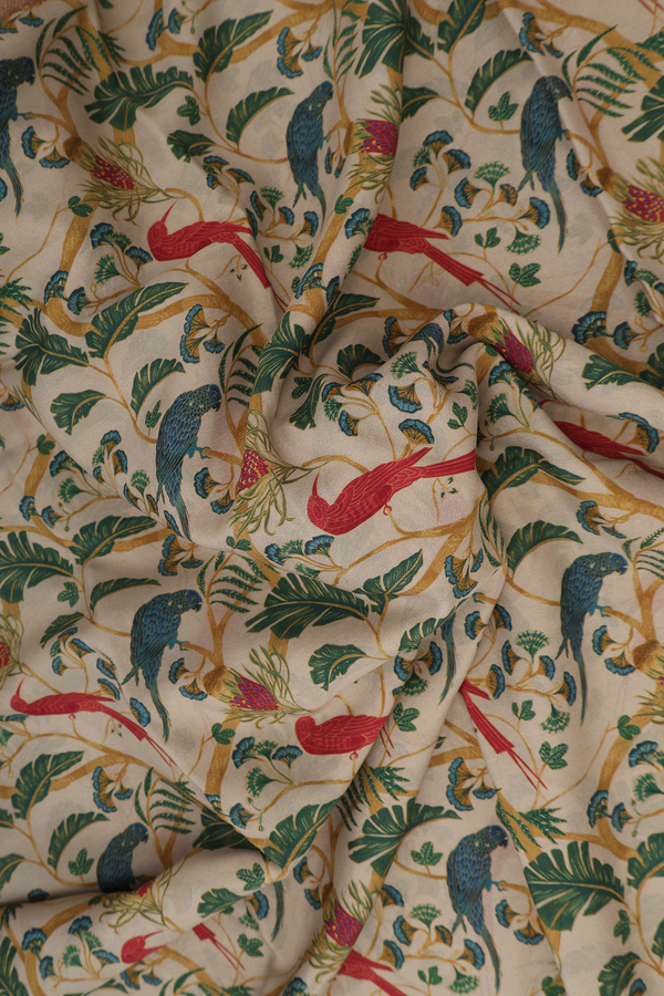 Crepe Saree In Beige With Parrot Design