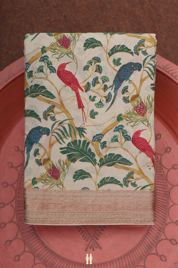 Crepe Saree In Beige With Parrot Design