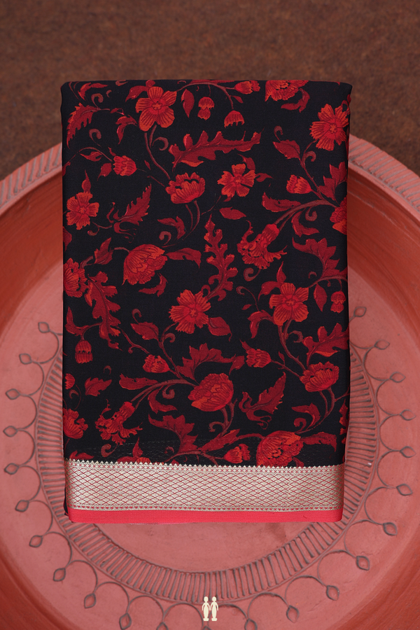 Crepe Saree In Black With Floral Design