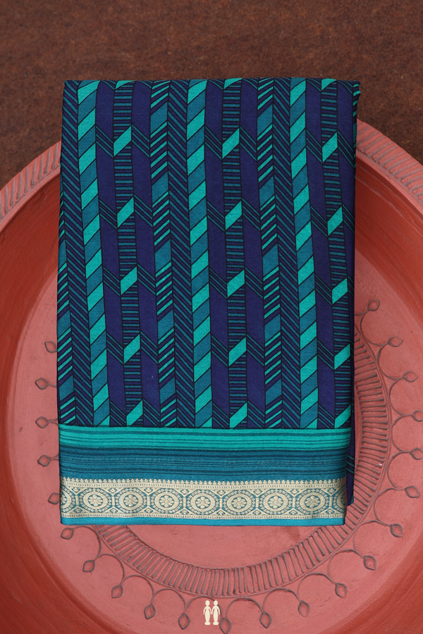 Crepe Saree In Blue And Green With Printed Design