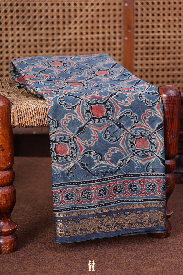 Crepe Saree In Blue With Ajrakh Printed Design