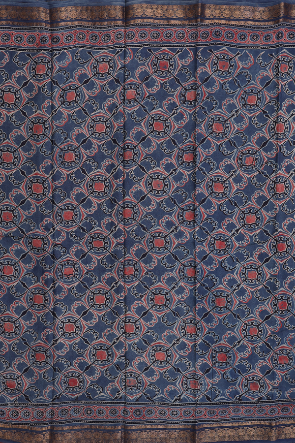 Crepe Saree In Blue With Ajrakh Printed Design