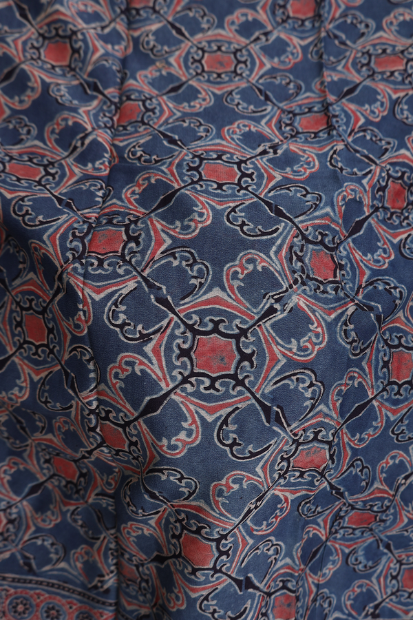 Crepe Saree In Blue With Ajrakh Printed Design