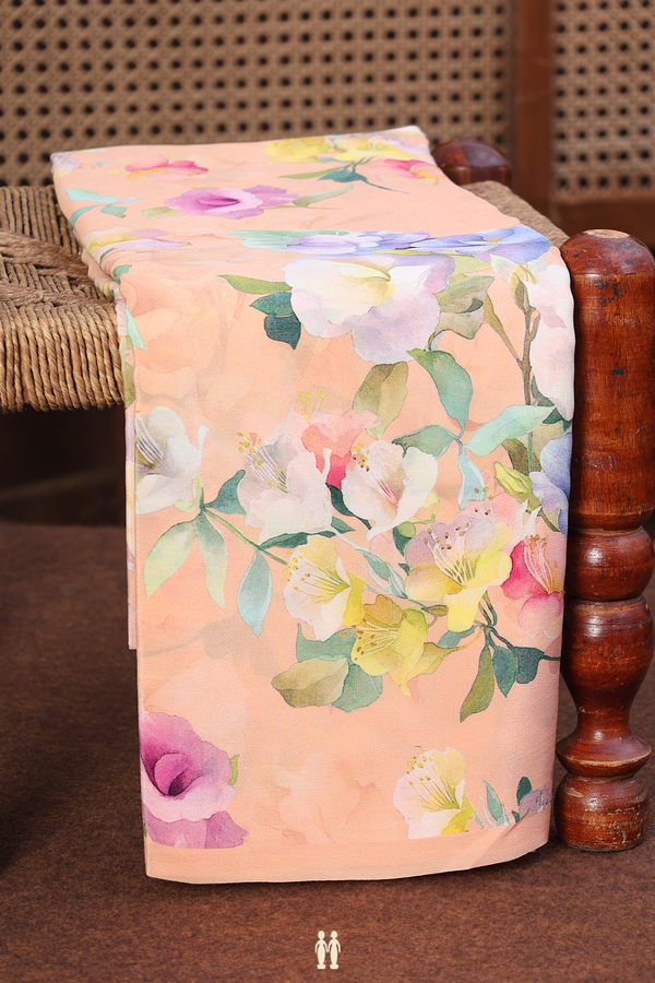 Crepe Saree In Blush Orange With Floral Design
