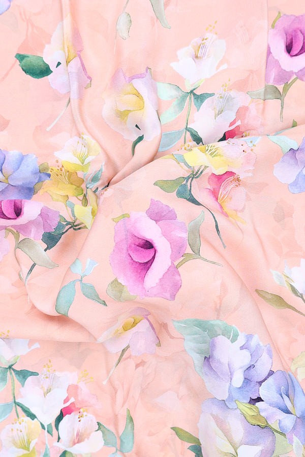 Crepe Saree In Blush Orange With Floral Design