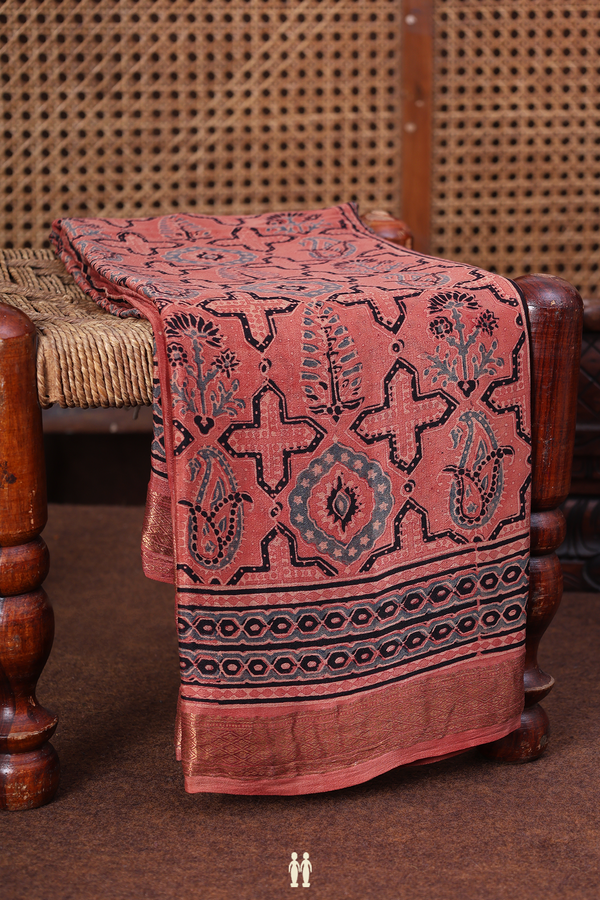 Crepe Saree In Brown With Ajrakh Printed Design