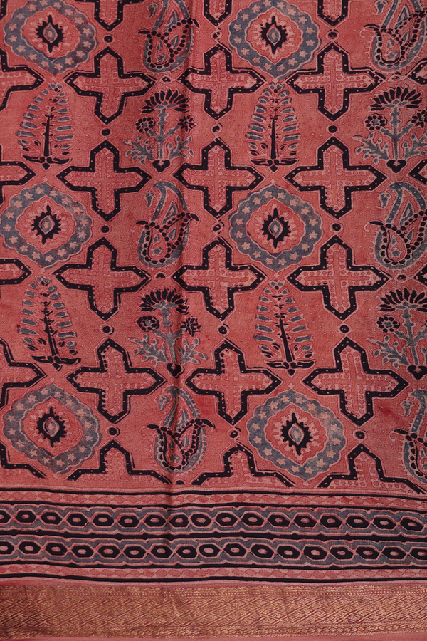 Crepe Saree In Brown With Ajrakh Printed Design