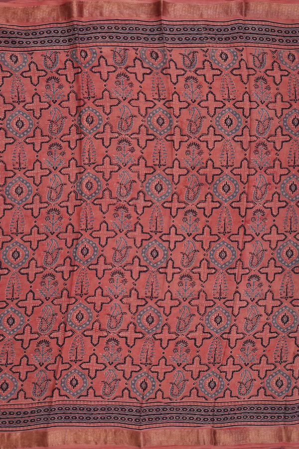 Crepe Saree In Brown With Ajrakh Printed Design