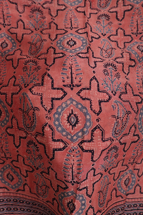 Crepe Saree In Brown With Ajrakh Printed Design