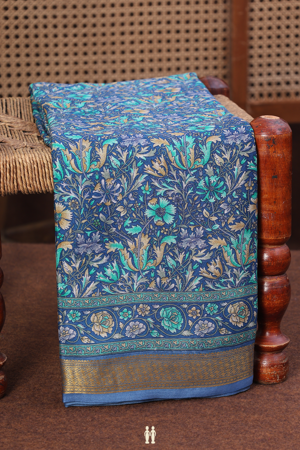 Crepe Saree In Capri Blue With Floral Design