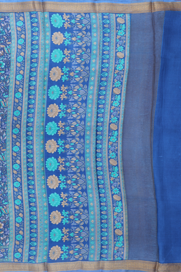 Crepe Saree In Capri Blue With Floral Design