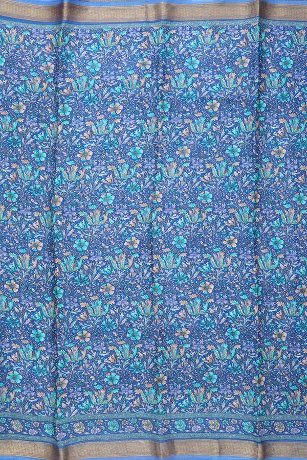 Crepe Saree In Capri Blue With Floral Design
