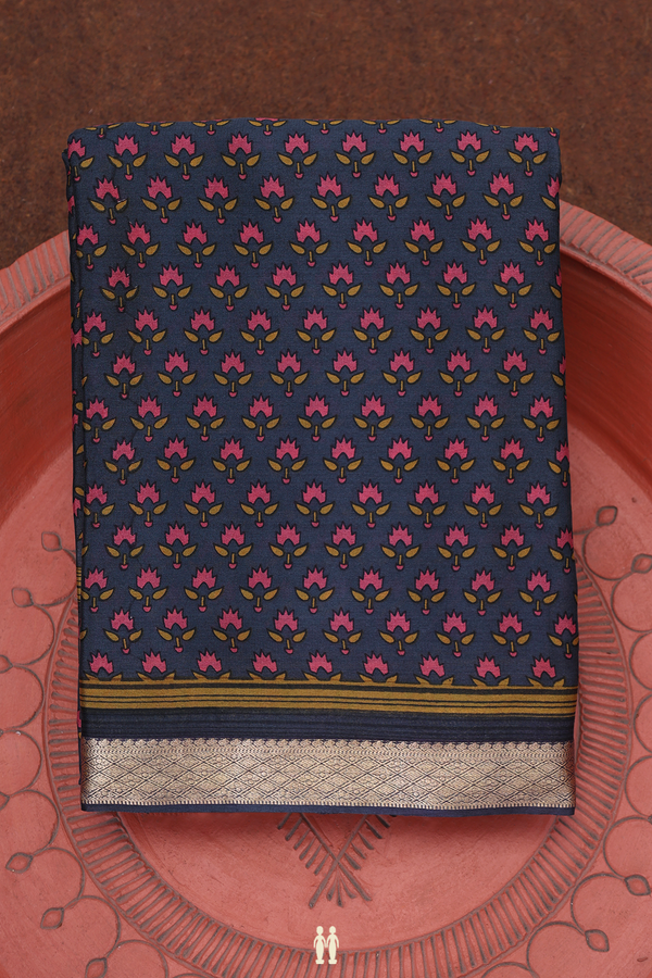 Crepe Saree In Charcoal Grey With Floral Buttas