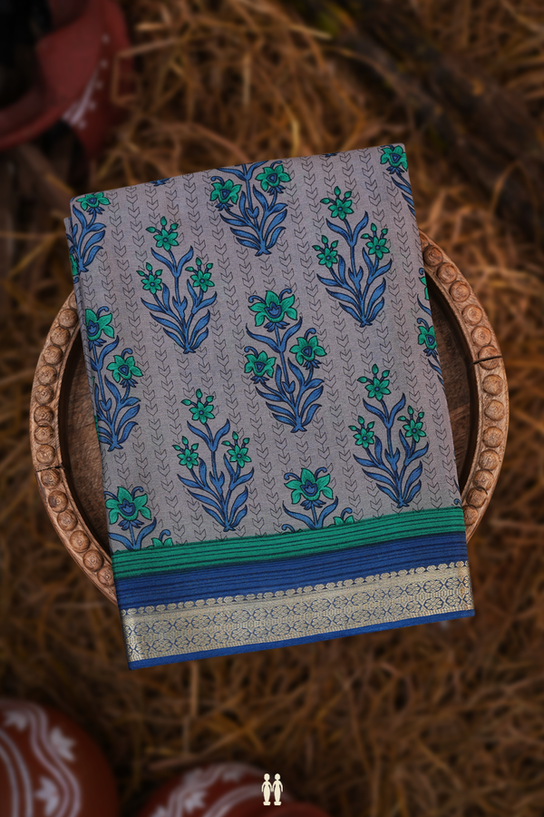 Crepe Saree In Dark Grey With Floral Digital Printed
