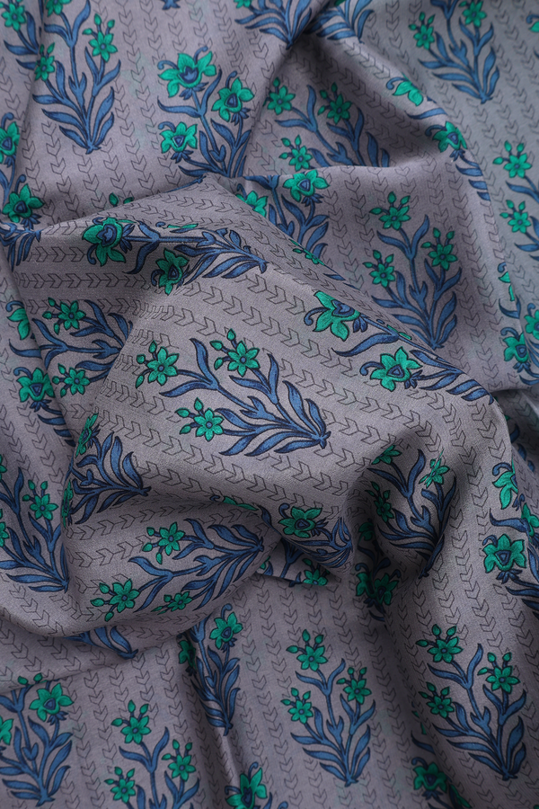 Crepe Saree In Dark Grey With Floral Digital Printed