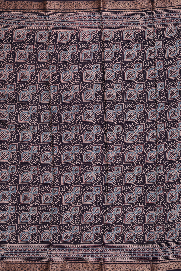 Crepe Saree In Dark Oak Brown With Ajrakh Printed Design