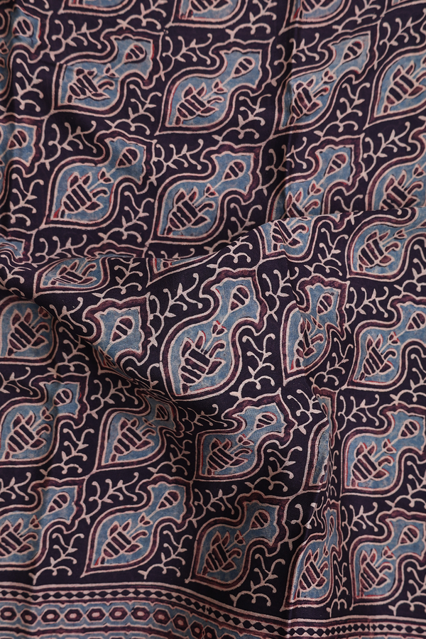 Crepe Saree In Dark Oak Brown With Ajrakh Printed Design