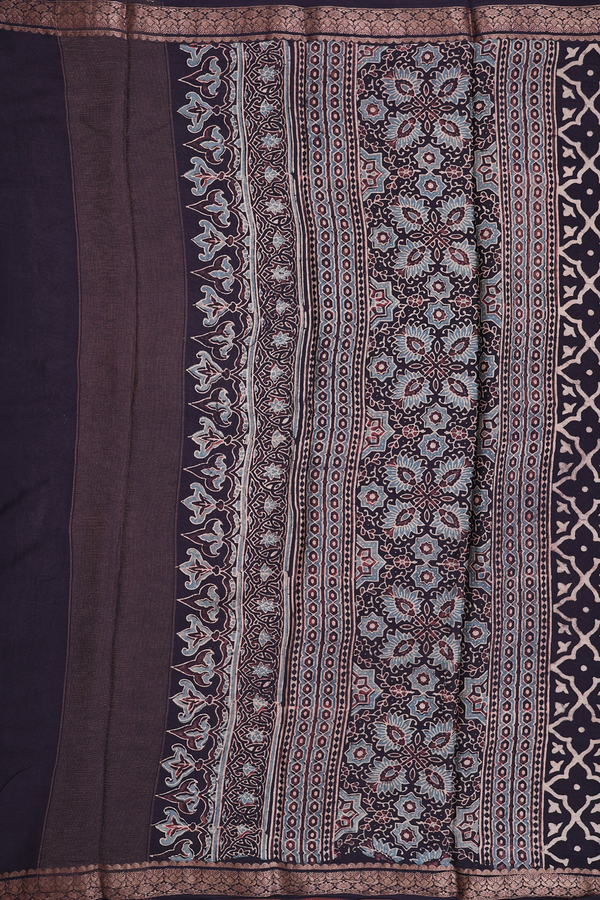 Crepe Saree In Dark Oak Brown With Ajrakh Printed Design