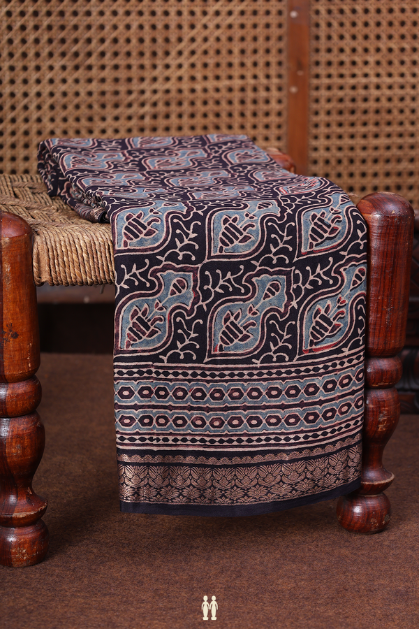 Crepe Saree In Dark Oak Brown With Ajrakh Printed Design