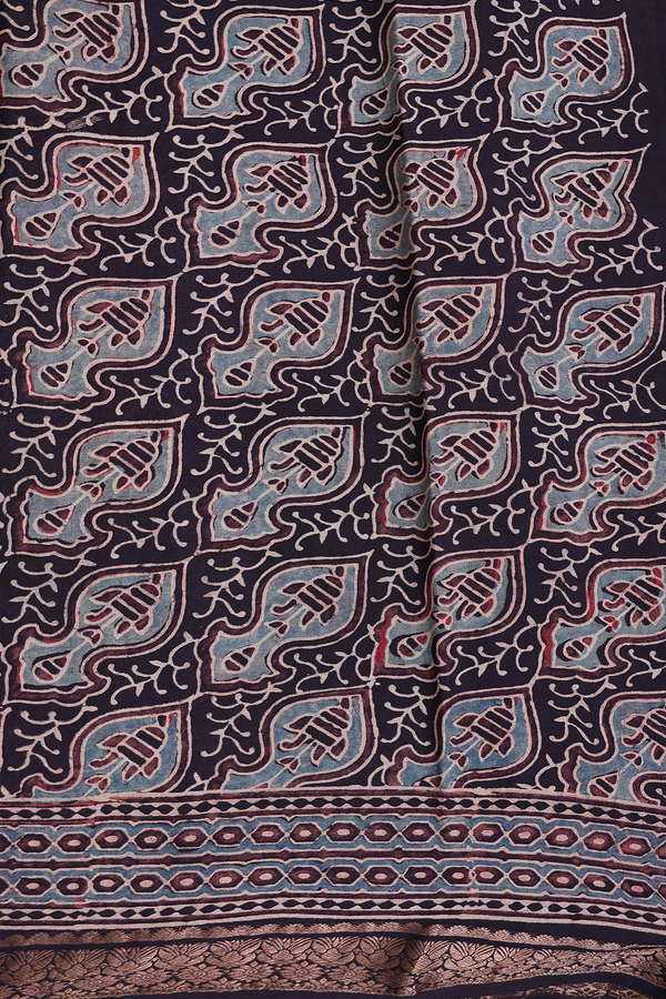 Crepe Saree In Dark Oak Brown With Ajrakh Printed Design
