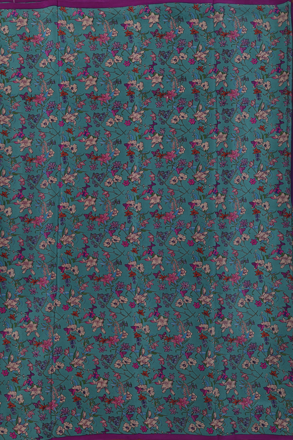 Crepe Saree In Dusty Green With Floral Design