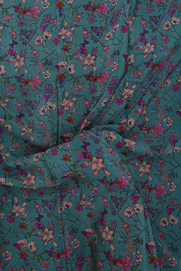 Crepe Saree In Dusty Green With Floral Design