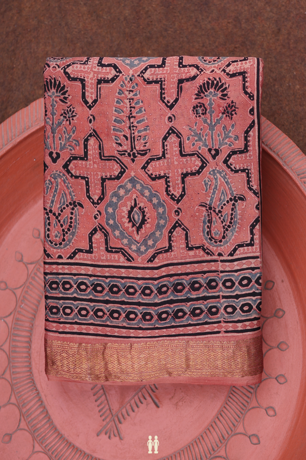 Crepe Saree In Dusty Peach With Ajrakh Printed