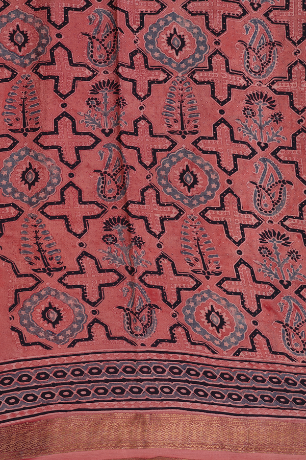 Crepe Saree In Dusty Peach With Ajrakh Printed