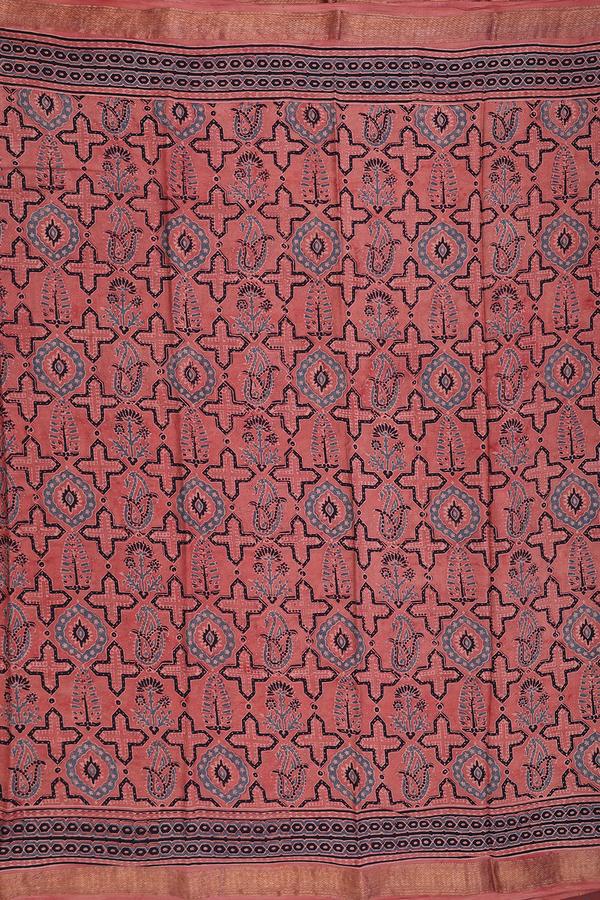 Crepe Saree In Dusty Peach With Ajrakh Printed