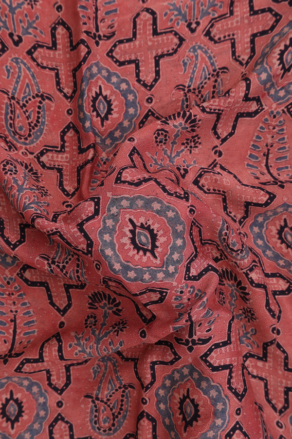 Crepe Saree In Dusty Peach With Ajrakh Printed