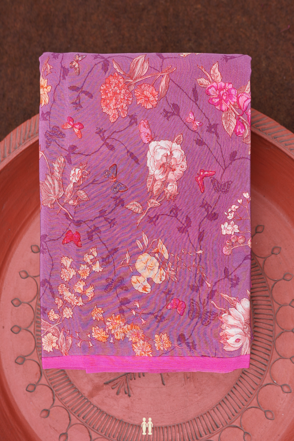 Crepe Saree In Dusty Purple With Floral Design