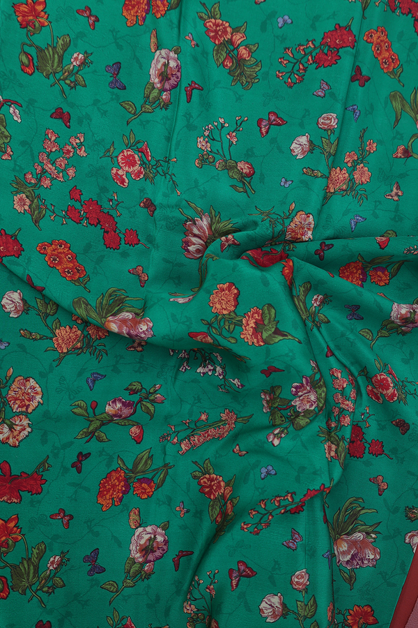 Crepe Saree In Emerald Green With Floral Design