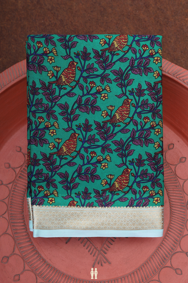 Crepe Saree In Forest Green With Floral And Parrot Design