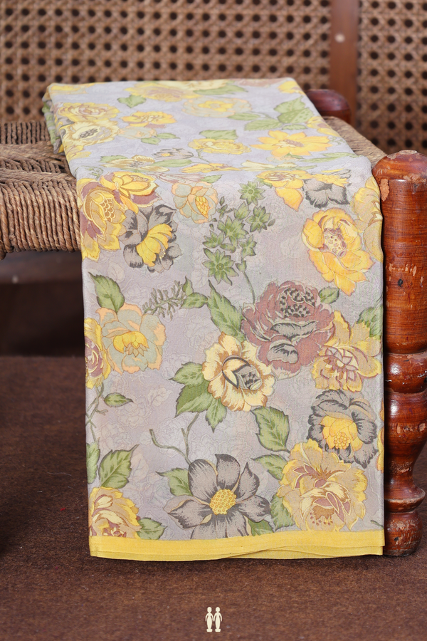 Crepe Saree In Greyish Green With Floral Design