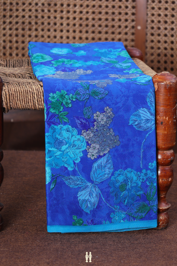 Crepe Saree In Indigo Blue With Floral Design