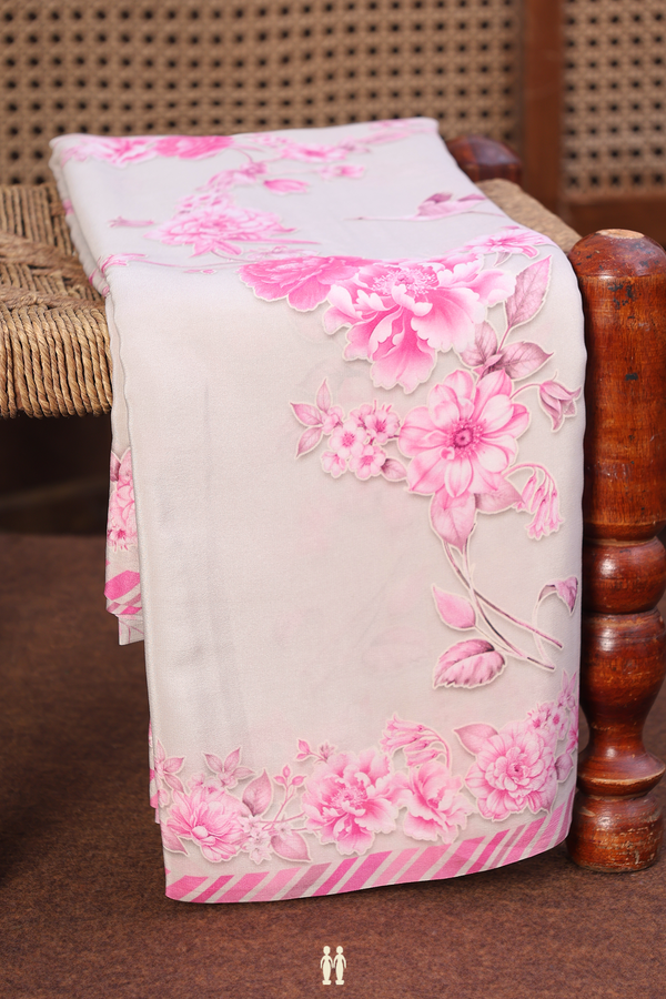 Crepe Saree In Light Grey With Floral Design