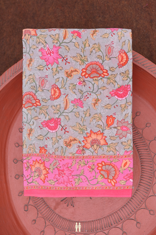 Crepe Saree In Light Sage Green With Floral Printed Design