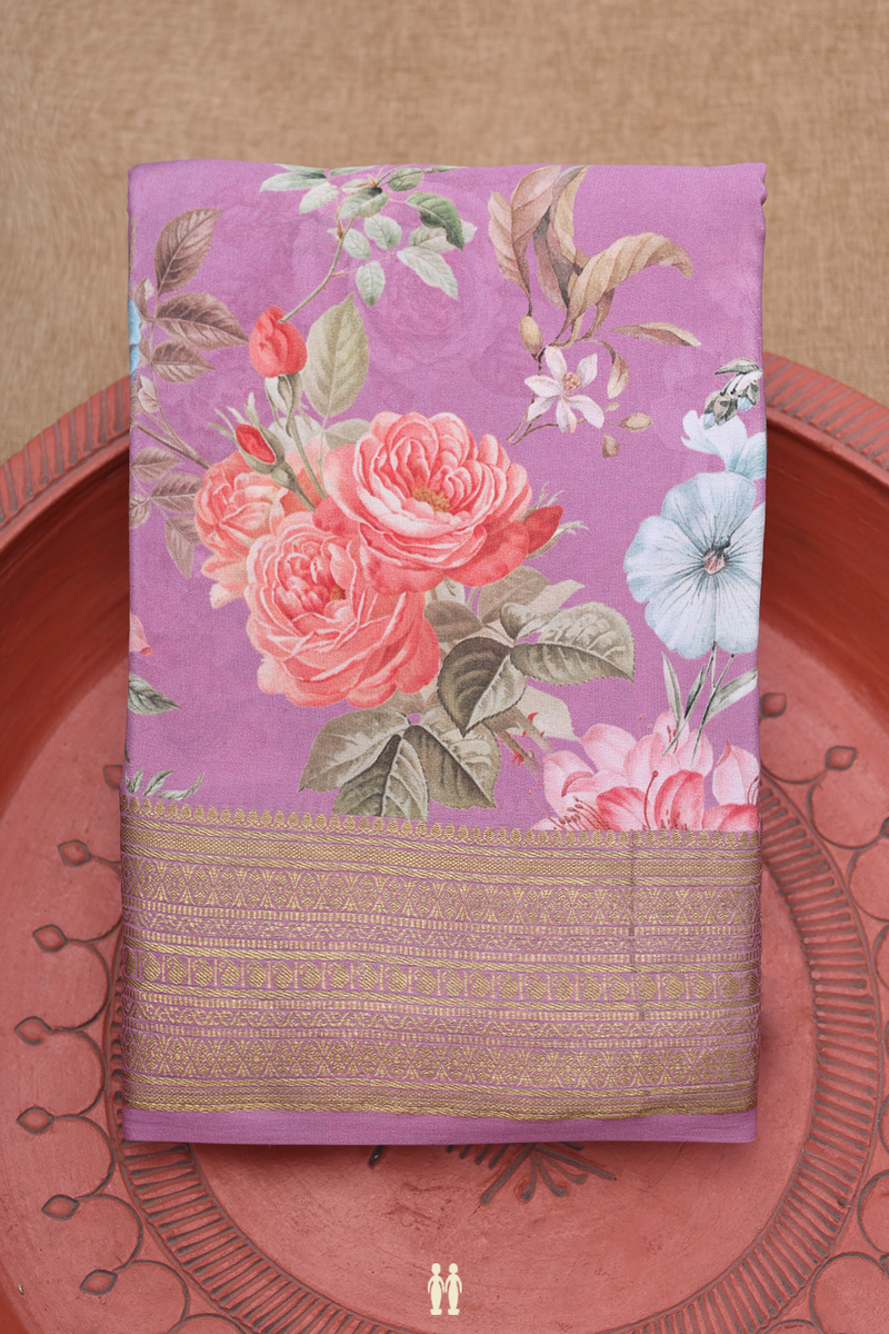 Crepe Saree In Lilac Pink With Floral Printed Design