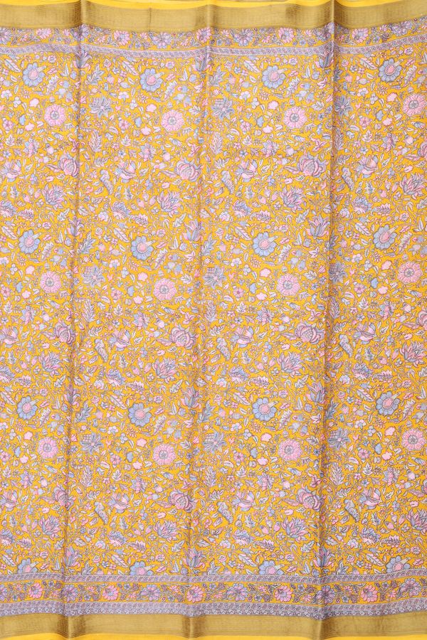 Crepe Saree In Mustard Yellow With Floral Design