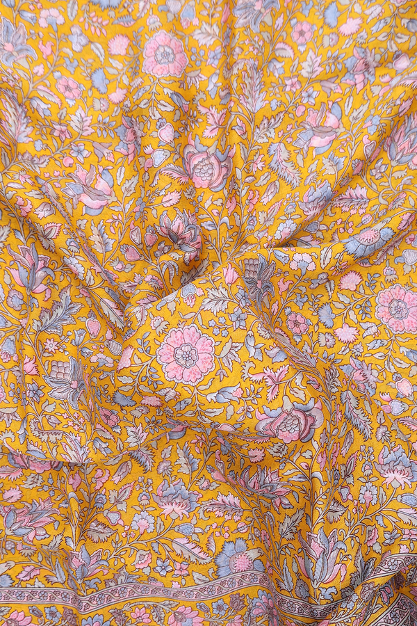 Crepe Saree In Mustard Yellow With Floral Design